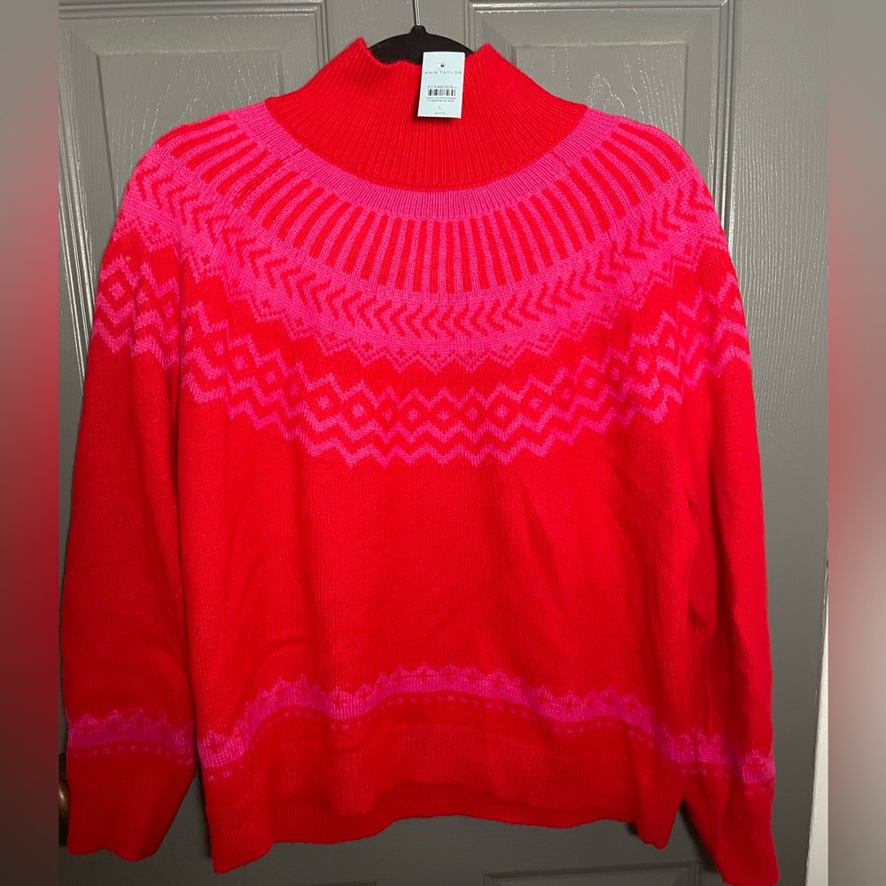 NWT Never Worn Ann Taylor Vibrant Red and Pink Fair Isle Sweater - Large Petite